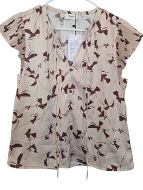 Monteri NWT Sample Boho Pleated Sleeve V-Neck Blouse Ivory & Brown Print Size SP